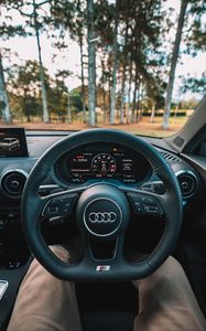 Preview wallpaper audi, interior, steering wheel, speedometer, legs