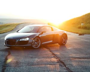 Preview wallpaper audi r8, audi, sports car, black, road, sunlight