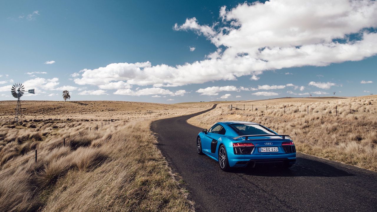 Wallpaper audi, r8, v10, side view, blue, road, grass