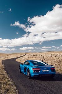 Preview wallpaper audi, r8, v10, side view, blue, road, grass