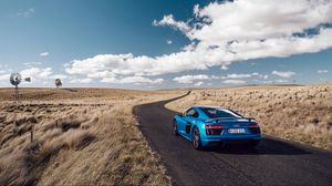 Preview wallpaper audi, r8, v10, side view, blue, road, grass
