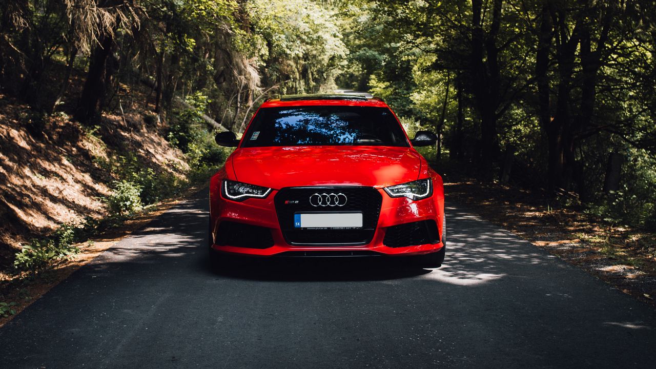 Wallpaper audi, red, car, front view, road, forest, trees