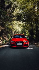 Preview wallpaper audi, red, car, front view, road, forest, trees