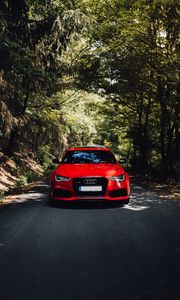 Preview wallpaper audi, red, car, front view, road, forest, trees