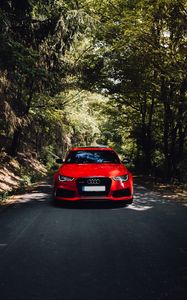 Preview wallpaper audi, red, car, front view, road, forest, trees