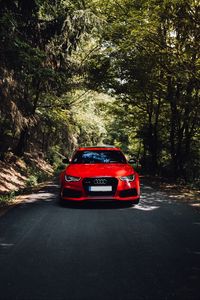 Preview wallpaper audi, red, car, front view, road, forest, trees