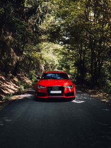 Preview wallpaper audi, red, car, front view, road, forest, trees