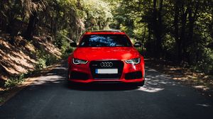 Preview wallpaper audi, red, car, front view, road, forest, trees