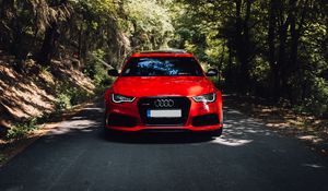 Preview wallpaper audi, red, car, front view, road, forest, trees