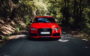 Preview wallpaper audi, red, car, front view, road, forest, trees