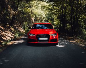 Preview wallpaper audi, red, car, front view, road, forest, trees