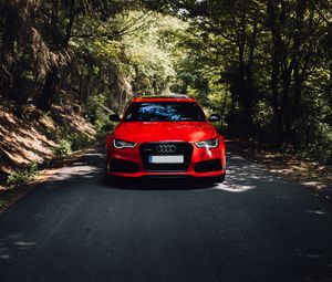 Preview wallpaper audi, red, car, front view, road, forest, trees