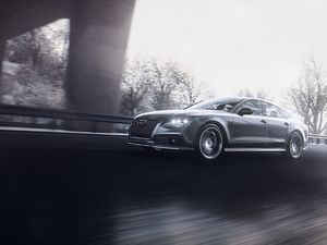 Preview wallpaper audi rs7, audi, car, gray, road, speed