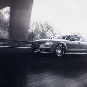 Preview wallpaper audi rs7, audi, car, gray, road, speed