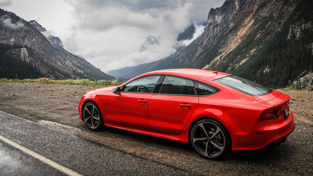 Wallpaper audi, rs7, red, side view, mountain