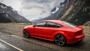 Preview wallpaper audi, rs7, red, side view, mountain