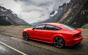 Preview wallpaper audi, rs7, red, side view, mountain