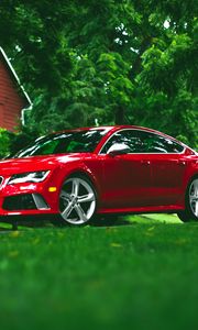 Preview wallpaper audi, rs7, red, grass, side view