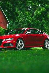 Preview wallpaper audi, rs7, red, grass, side view