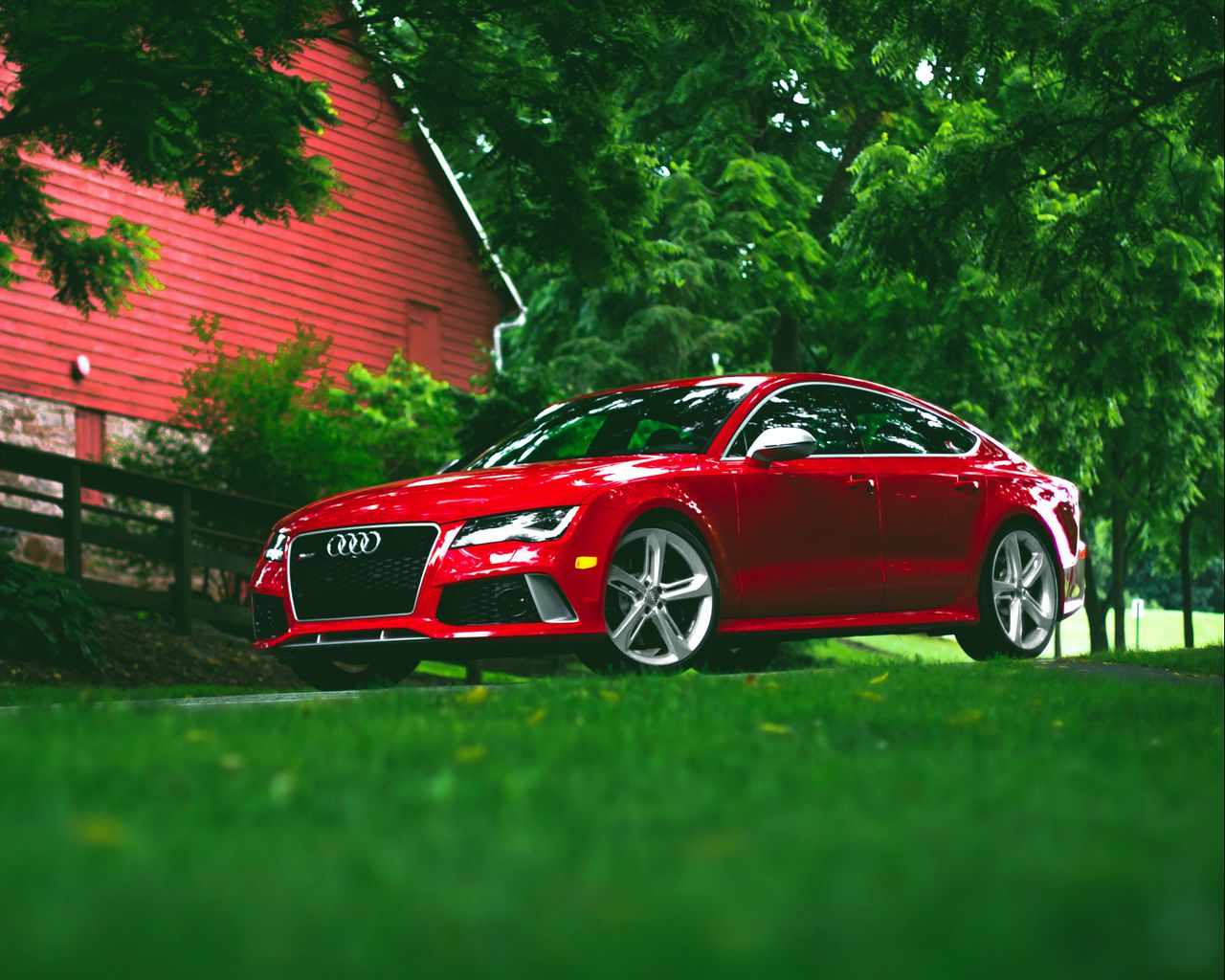 Download wallpaper 1280x1024 audi, rs7, red, grass, side view standard 5:4  hd background