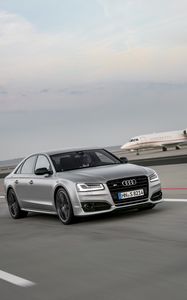 Preview wallpaper audi s8, audi, car, gray, speed, road