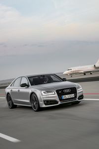 Preview wallpaper audi s8, audi, car, gray, speed, road