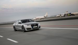 Preview wallpaper audi s8, audi, car, gray, speed, road