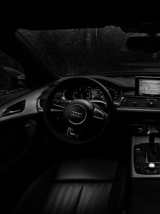 Preview wallpaper audi, steering wheel, car salon, rain, bw