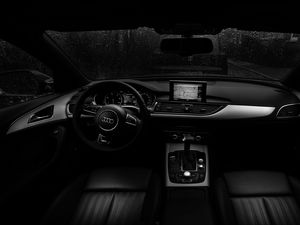 Preview wallpaper audi, steering wheel, car salon, rain, bw
