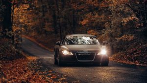 Preview wallpaper audi tt, audi, road, autumn, movement, asphalt