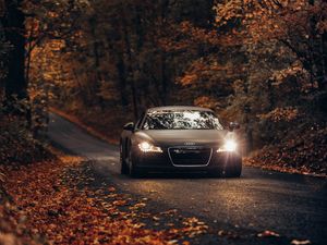 Preview wallpaper audi tt, audi, road, autumn, movement, asphalt