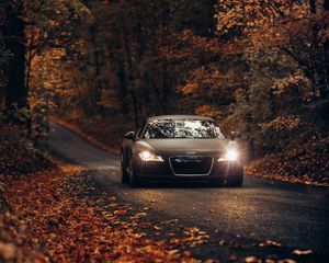 Preview wallpaper audi tt, audi, road, autumn, movement, asphalt