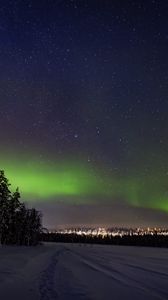 Preview wallpaper aurora borealis, snow, forest, stars, dark