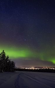 Preview wallpaper aurora borealis, snow, forest, stars, dark