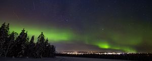 Preview wallpaper aurora borealis, snow, forest, stars, dark