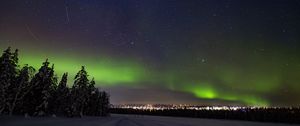 Preview wallpaper aurora borealis, snow, forest, stars, dark