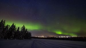 Preview wallpaper aurora borealis, snow, forest, stars, dark