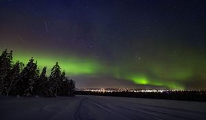 Preview wallpaper aurora borealis, snow, forest, stars, dark