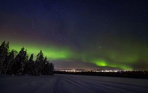 Preview wallpaper aurora borealis, snow, forest, stars, dark