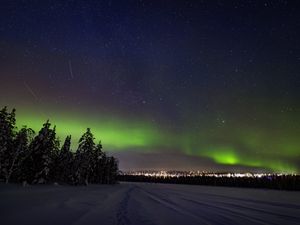 Preview wallpaper aurora borealis, snow, forest, stars, dark