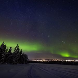 Preview wallpaper aurora borealis, snow, forest, stars, dark