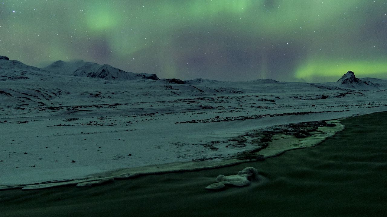 Wallpaper aurora, northern lights, snow, river, winter, ice