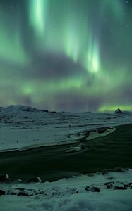 Preview wallpaper aurora, northern lights, snow, river, winter, ice