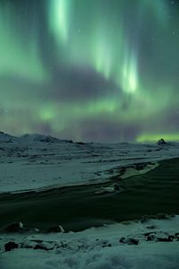 Preview wallpaper aurora, northern lights, snow, river, winter, ice