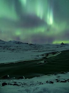 Preview wallpaper aurora, northern lights, snow, river, winter, ice