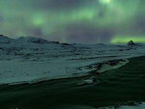 Preview wallpaper aurora, northern lights, snow, river, winter, ice