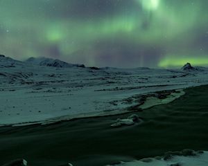 Preview wallpaper aurora, northern lights, snow, river, winter, ice