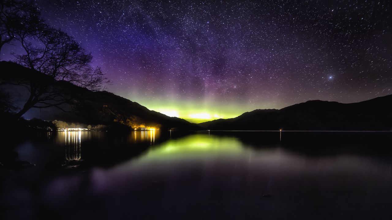 Wallpaper aurora, starry sky, night, loch lomond, scotland