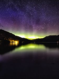 Preview wallpaper aurora, starry sky, night, loch lomond, scotland