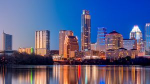 Preview wallpaper austin, texas, twilight, skyscrapers, reflection, river